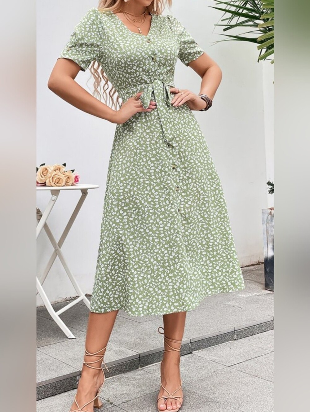 SHEIN Sage Green Button-Front Midi Skirt with White Floral